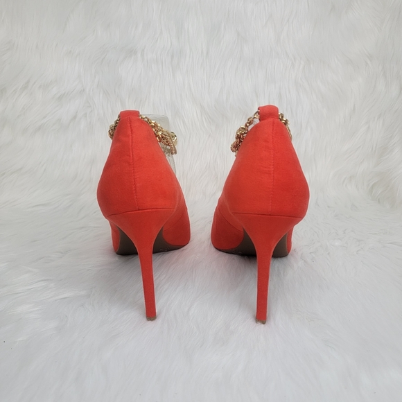 INC red suede pointed toe stiletto heels gold ankle bracelet. - Picture 3 of 11